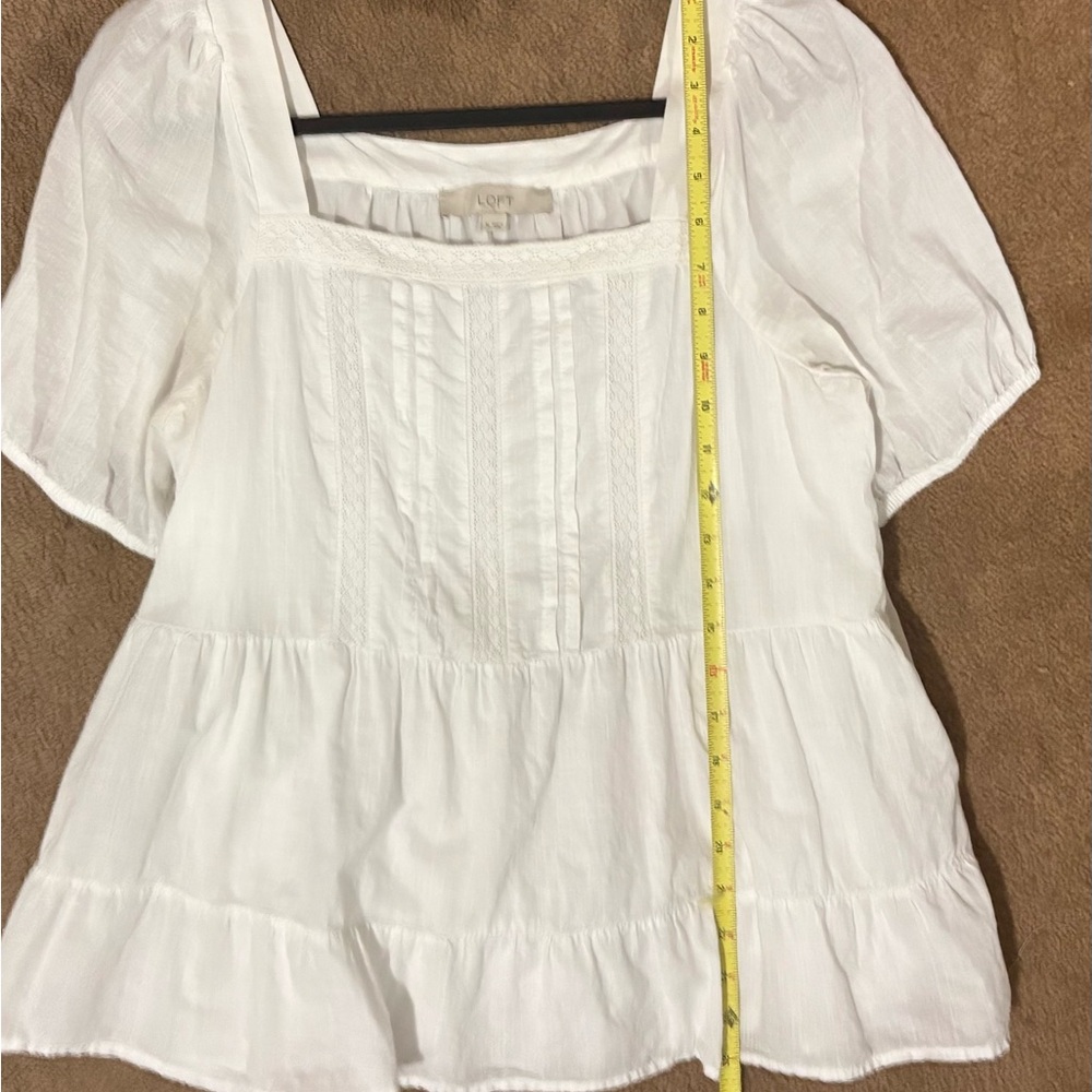 LOFT White Square-Neck Puff Sleeve Lace Babydoll Boho 100% Cotton Top Size M - Picture 7 of 8